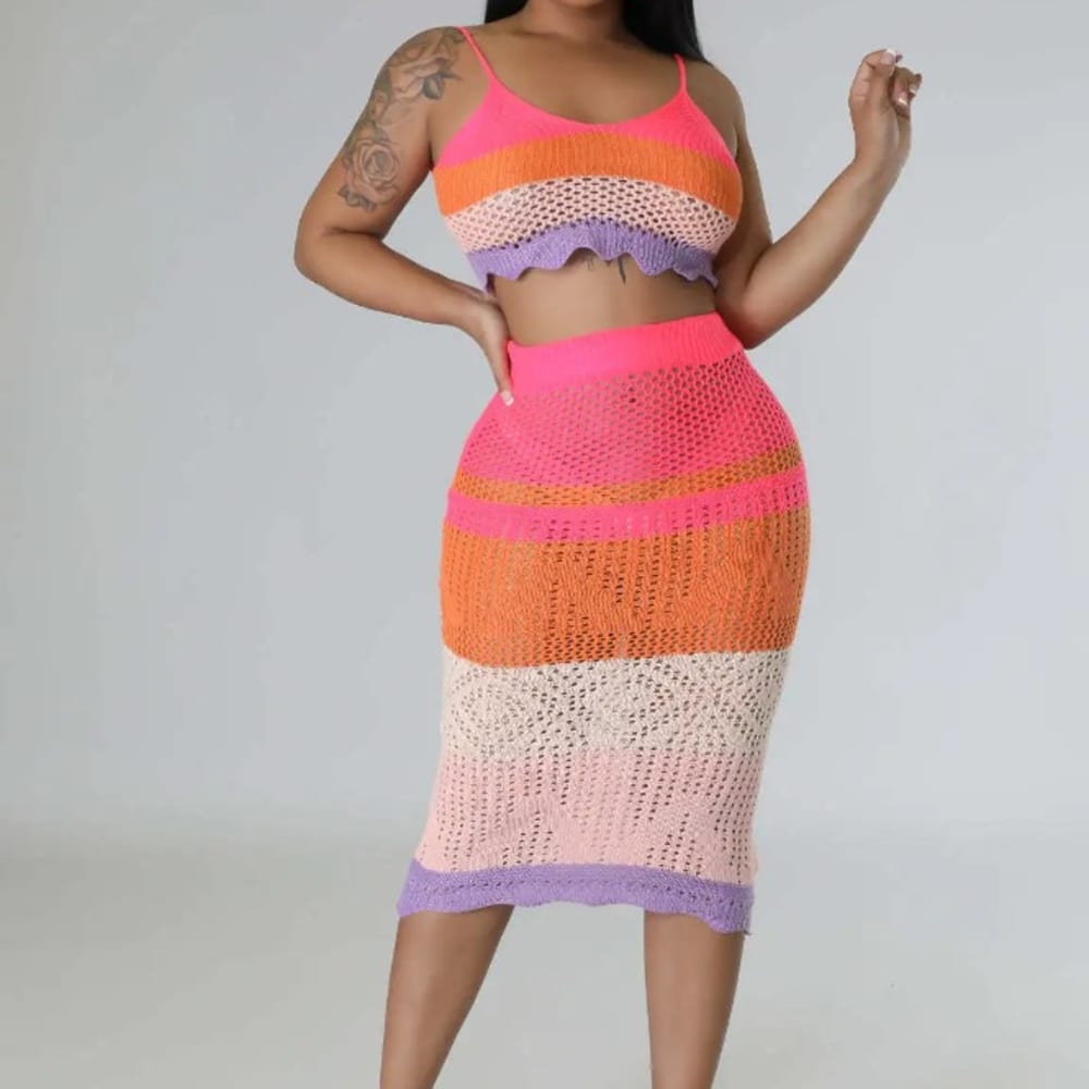 2024 Summer Beach Knit Rib 2 Piece Set Color Block Crop Top 